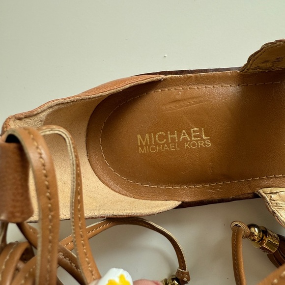 Michael Kors Camel Tie Ankle Wrap Braided Sandal Cognac 8.5 Women’s Braided - Picture 2 of 10